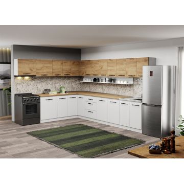 Mobila Bucatarie pe colt alba cu lemn Aroma - 42 - 260x340 cm Mobila Bucatarie pe colt alba cu lemn Aroma - 42 - 260x340 cm