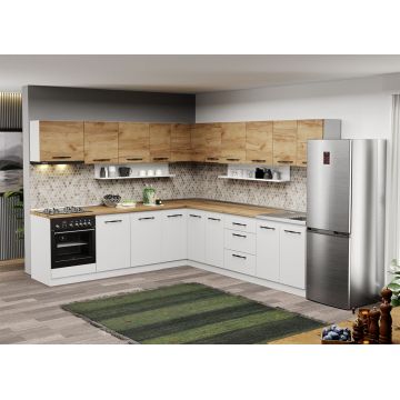 Mobila Bucatarie pe colt alba cu lemn Aroma - 43 - 260x280 cm Mobila Bucatarie pe colt alba cu lemn Aroma - 43 - 260x280 cm