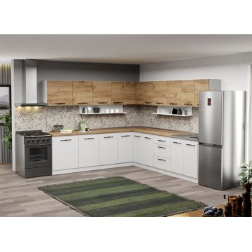 Mobila Bucatarie pe colt alba cu lemn Aroma - 44 - 260x280 cm Mobila Bucatarie pe colt alba cu lemn Aroma - 44 - 260x280 cm