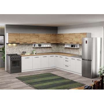 Mobila Bucatarie pe colt alba cu lemn Aroma - 45- 320x280 cm Mobila Bucatarie pe colt alba cu lemn Aroma - 45- 320x280 cm