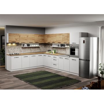 Mobila Bucatarie pe colt alba cu lemn Aroma - 46 - 260x340 cm Mobila Bucatarie pe colt alba cu lemn Aroma - 46 - 260x340 cm