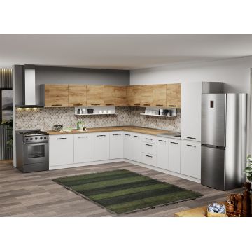 Mobila Bucatarie pe colt alba cu lemn Aroma - 47 - 260x340 cm Mobila Bucatarie pe colt alba cu lemn Aroma - 47 - 260x340 cm