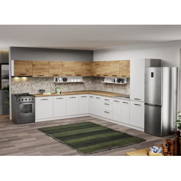 Mobila Bucatarie pe colt alba cu lemn Aroma - 48 - 320x340 cm Mobila Bucatarie pe colt alba cu lemn Aroma - 48 - 320x340 cm