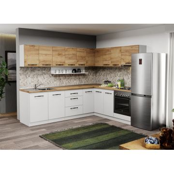 Mobila de Bucatarie pe colt alba cu lemn Aroma - 34 - 260x200 cm Mobila de Bucatarie pe colt alba cu lemn Aroma - 34 - 260x200 cm