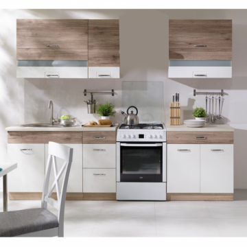 Set Bucatarie ECONO B, L 270, 6 corpuri, fara blat termorezistent, corp sonoma, fronturi sanremo + alb lucios Set Bucatarie ECONO B, L 270, 6 corpuri, fara blat termorezistent, corp sonoma, fronturi sanremo + alb lucios