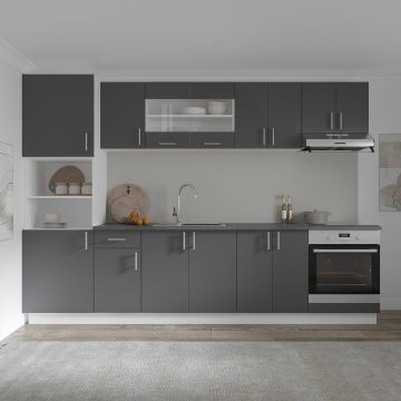 Set Bucatarie Karo V27, Antracit/Alb, Blat Thermo 28 mm, L 300 cm Set Bucatarie Karo V27, Antracit/Alb, Blat Thermo 28 mm, L 300 cm