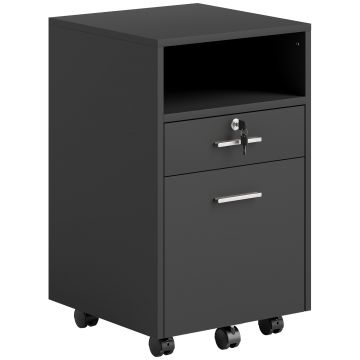 Vinsetto Comodă de Birou cu 2 Sertare și Raft Deschis, Mobilier cu 5 Rotile, Încuietoare și 2 Chei, 39x40x65 cm, Negru | Aosom Romania