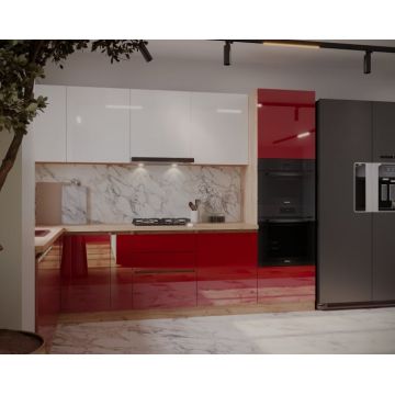 Bucatarie colt Chelsea V2, 221 300x60x200 cm, Alb Rosu  Stejar K003