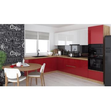 Bucatarie colt Chelsea V2, 221 300x60x200 cm, Alb Rosu  Stejar K003 Bucatarie colt Chelsea V2, 221 300x60x200 cm, Alb Rosu  Stejar K003