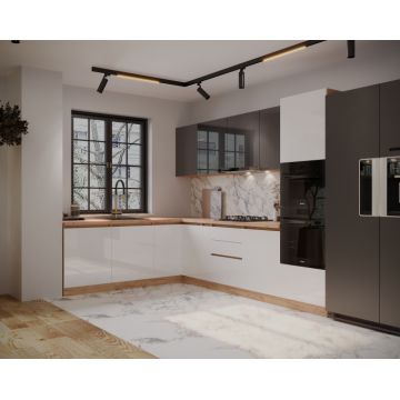 Bucatarie colt Chelsea V2 ,221 300x60x200 cm, Gri antracit , Alb  Stejar K003