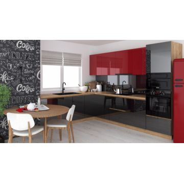 Bucatarie colt Chelsea V2, 221 300x60x200 cm, Rosu, Antracit  Stejar K003 Bucatarie colt Chelsea V2, 221 300x60x200 cm, Rosu, Antracit  Stejar K003