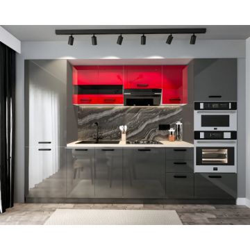 Bucatarie Daria, MDF Rosu+ Gri antracit, 303x60x200cm Bucatarie Daria, MDF Rosu+ Gri antracit, 303x60x200cm