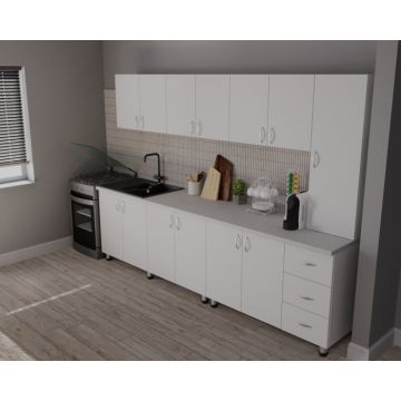 Bucatarie Yustina Alb+Argintiu, 280x43x189cm Bucatarie Yustina Alb+Argintiu, 280x43x189cm