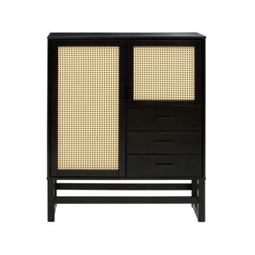 Comodă din lemn de pin cu uși din ratan Støraa Jolene, lățime 90 cm, negru Comodă din lemn de pin cu uși din ratan Støraa Jolene, lățime 90 cm, negru