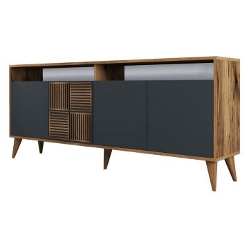 Comodă gri antracit/în culoare naturală joasă cu aspect de lemn de nuc 180x79 cm Milan – Kalune Design Comodă gri antracit/în culoare naturală joasă cu aspect de lemn de nuc 180x79 cm Milan – Kalune Design