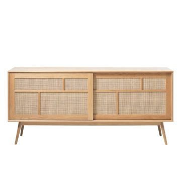 Comodă în culoare naturală joasă cu aspect de lemn de stejar cu ușă glisantă 180x80 cm Barrali – Unique Furniture Comodă în culoare naturală joasă cu aspect de lemn de stejar cu ușă glisantă 180x80 cm Barrali – Unique Furniture