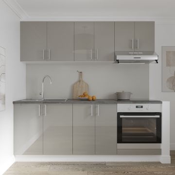 Set Bucatarie Karo V10, Gri Lucios/Alb, MDF, Blat Thermo 28 mm, L 200 cm Set Bucatarie Karo V10, Gri Lucios/Alb, MDF, Blat Thermo 28 mm, L 200 cm