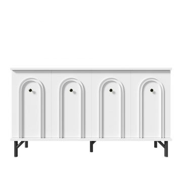 Comodă cu 4 uși, front arcuit 3D, pentru living, sufragerie și hol, 140x34x78 cm, Alb