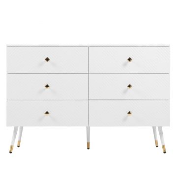 Comodă cu 6 sertare, cu model geometric și mânere în formă de diamant, pentru dormitor și living, 120x40x80 cm, Alb