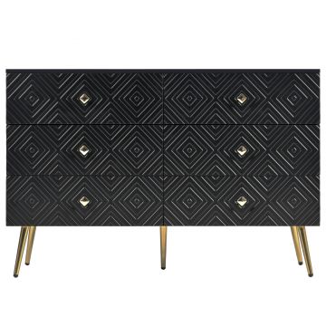 Comodă cu 6 sertare, cu model geometric și mânere în formă de diamant, pentru dormitor și living, 120x40x80 cm, Negru