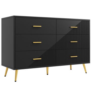 Comodă de sufragerie cu 6 sertare spațioase, design tridimensional al ușilor dulapului și picioare aurii, 120x40x75 cm, Negru