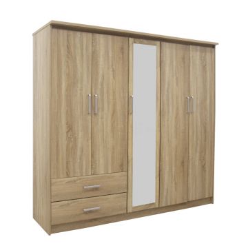 Dulap Olympus cu 5 usi si sertare oglinda, Stejar deschis, 198x57x183 cm