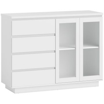 HOMCOM Bufet, sideboard cu 4 sertare, 2 uși din sticlă, design modern, MDF, Alb | Aosom Romania