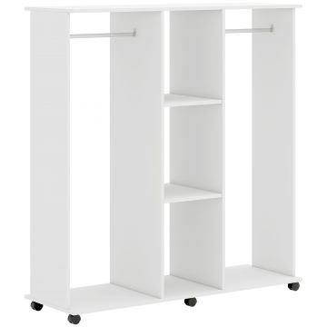 HOMCOM Dulap-penderie mobilier de depozitare mobil 6 roți 120 x 40 x 128 cm din lemn alb | Aosom Romania