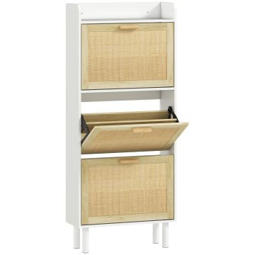 HOMCOM Dulap pentru pantofi 3 uși rabatabile etajeră efect rășină împletită design boem 65 x 24,5 x 153 cm alb | Aosom Romania