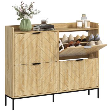 HOMCOM Mobila de pantofi 16 perechi cu 4 sertare, uși rabatabile, rafturi reglabile, 110 x 23,5 x 95,5 cm, stejar | Aosom Romania