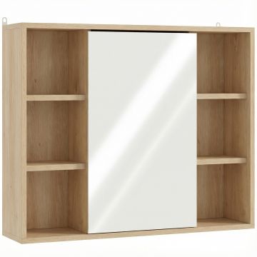 HOMCOM Mobilier de baie cu oglindă, dulap cu ușă și 6 compartimente deschise, 60 x 14,5 x 49,4 cm, lemn natural | Aosom Romania