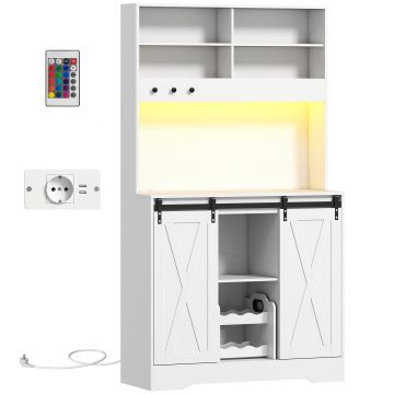 HOMCOM Servantă de Bucătărie Rustică 180 cm, Dulap cu Priză de Alimentare, Lumini LED, Suport pentru Sticle, Suprafață pentru Cuptor cu Microunde, Rafturi Deschise, Uși Glisante, Orificiu pentru Cabluri, Alb | Aosom Romania