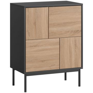 HOMCOM Sideboard cu uși push-to-open, dulap pentru sufragerie cu picioare metalice, dulap de bucătărie, MDF, Negru+lemn natural | Aosom Romania