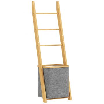 HOMCOM Suport prosoape din bambus cu coș de rufe, scară suport pentru prosoape cu 1 coș de rufe, 43 x 35 x 133 cm, gri | Aosom Romania