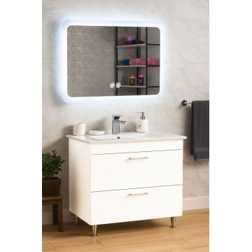 Set Baza cu Lavoar si Oglinda cu iluminare LED, seria 067, cu sertare, 80 cm, alb