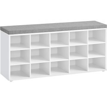 Banca pentru hol cu suport pentru pantofi, 15 compartimente, cu perna, 30x105x48cm, alb