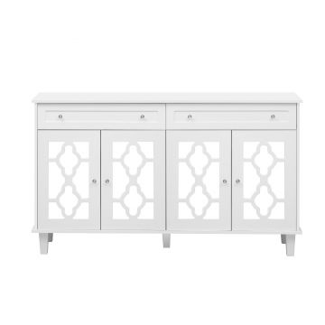Bufet cu patru uși oglinzite, comodă cu sertare și mânere din cristal, 140x40x83 cm, Alb
