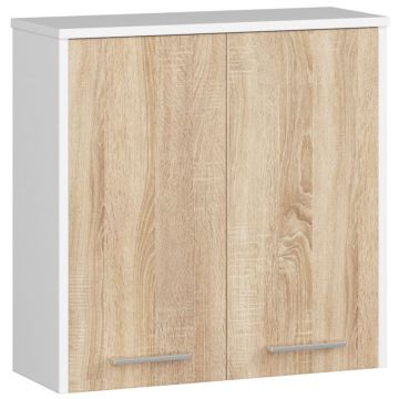 Dulap baie suspendat, cu 2 usi si 1 raft interior, PAL 16 mm, 60x23x60 cm, alb si stejar sonoma