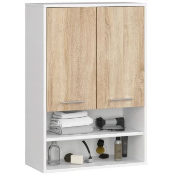 Dulap baie suspendat, cu 2 usi si 2 rafturi deschise, PAL 16 mm, 64x30x94 cm, alb si stejar sonoma