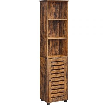 Dulap de baie, cu 3 compartimente deschise si spatiu de depozitare cu usa, 40x30x167cm, maro vintage