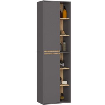 Dulap de baie suspendat cu 2 usi si 6 rafturi, PAL 16 mm, 50x30x170 cm, gri si stejar artisan