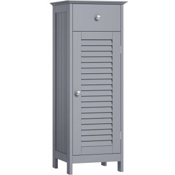 Dulap de depozitare de podea pentru baie, din lemn cu sertar, usa cu lamele, 32x30x87cm, gri