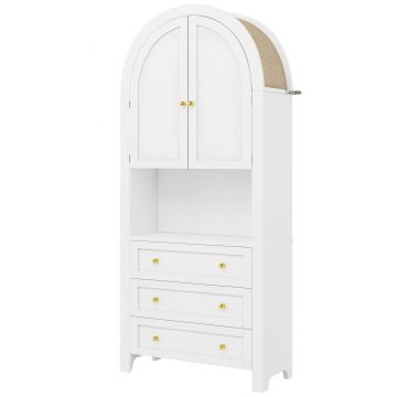 Dulap de depozitare înalt cu arc, cu 3 sertare, uși și compartiment deschis pentru expunere, pentru bucătărie și living, 70x35x180 cm, Alb
