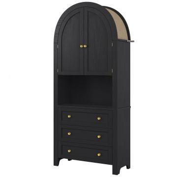 Dulap de depozitare înalt cu arc, cu 3 sertare, uși și compartiment deschis pentru expunere, pentru bucătărie și living, 70x35x180 cm, Negru