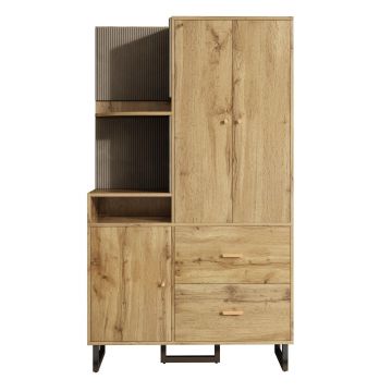 Dulap garderobă cu rafturi deschise, bară extensibilă pentru haine, 2 sertare încăpătoare, 110x38x186 cm, Culoare naturală