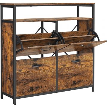 Dulap pantofi din MDF cu a  a  4 usi basculante, pentru 12-20 perechi, 98x30x95cm, maro rustic si negru