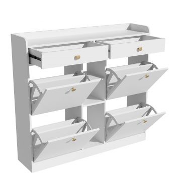 Dulap pentru pantofi cu 4 uși rabatabile, 2 sertare și 3 compartimente deschise, 110x26x100 cm, Alb