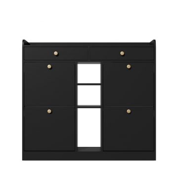 Dulap pentru pantofi cu 4 uși rabatabile, 2 sertare și 3 compartimente deschise, 110x26x100 cm, Negru