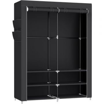 Dulap textil garderoba, 2 compartimente haine cu rafturi, cadru metalic, 127x45x176 cm, negru