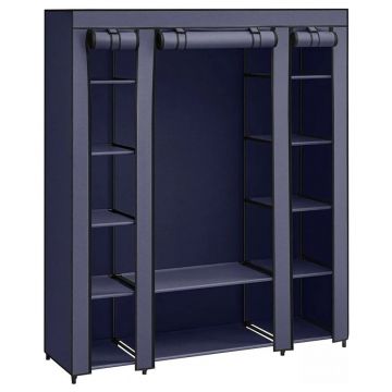 Garderoba din material textil, dulap portabil, cu rafturi si sina de agatat, 150x45x175cm, albastru